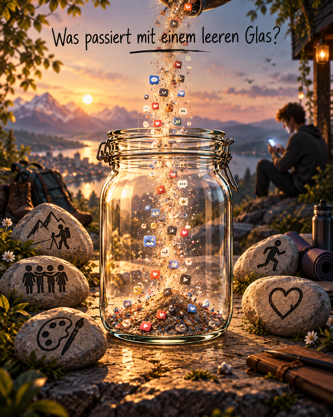 Digital symbols and fine sand fall into an almost empty jar; nearby are large stones for friendship, nature, movement, creativity and connection while a person looks at a phone.