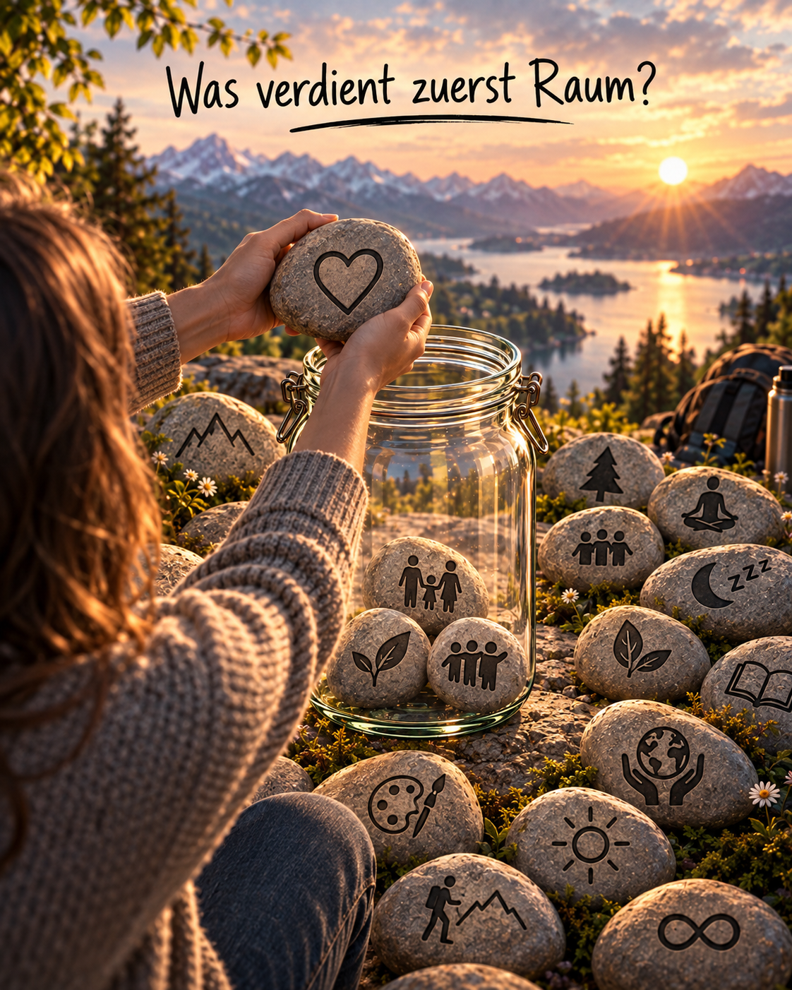 Seen over their shoulder, a person holds a large stone engraved with a heart above an open jar; many other stones with symbols for family, friendship, nature, sleep, movement, creativity and meaning lie around them.