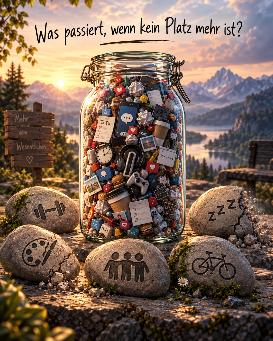 A jar is packed to the top with smartphones, tasks, messages and digital clutter; large stones for sport, creativity, friendship, sleep and movement remain outside and some have begun to crack.