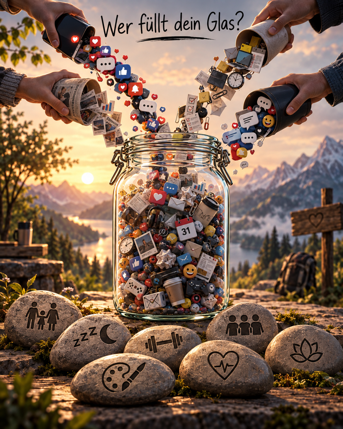 Four hands pour news, tasks and digital symbols into an already filled jar while large stones for family, sleep, sport, community, creativity and health lie in front of it.