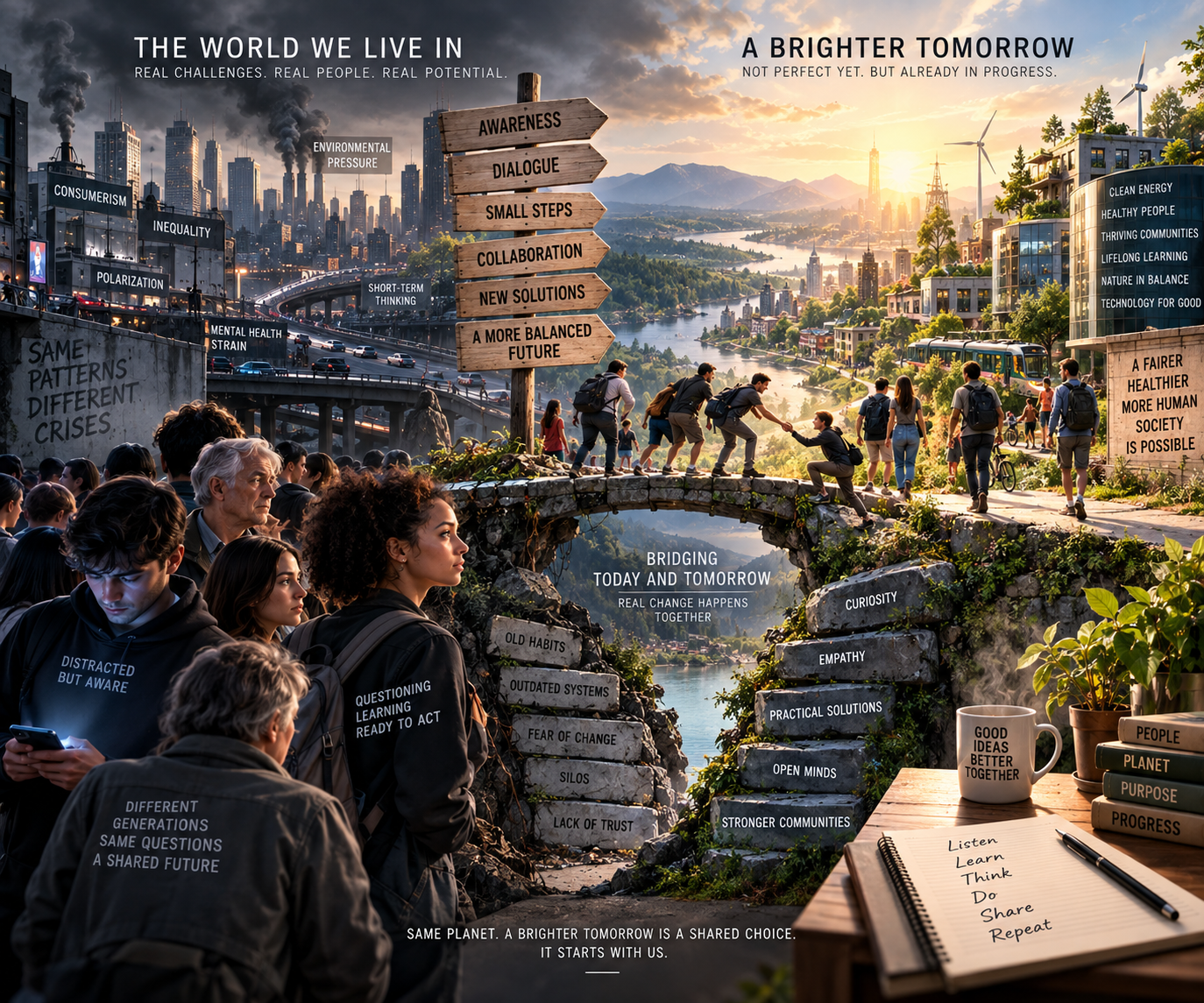 An imagined hopeful future with cleaner energy, connected communities and people-centred technology.