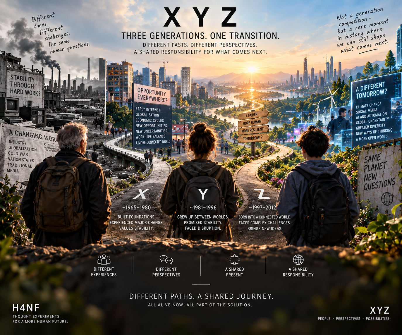 Three generations—X, Y and Z—stand within one shared period of technological and social transition.