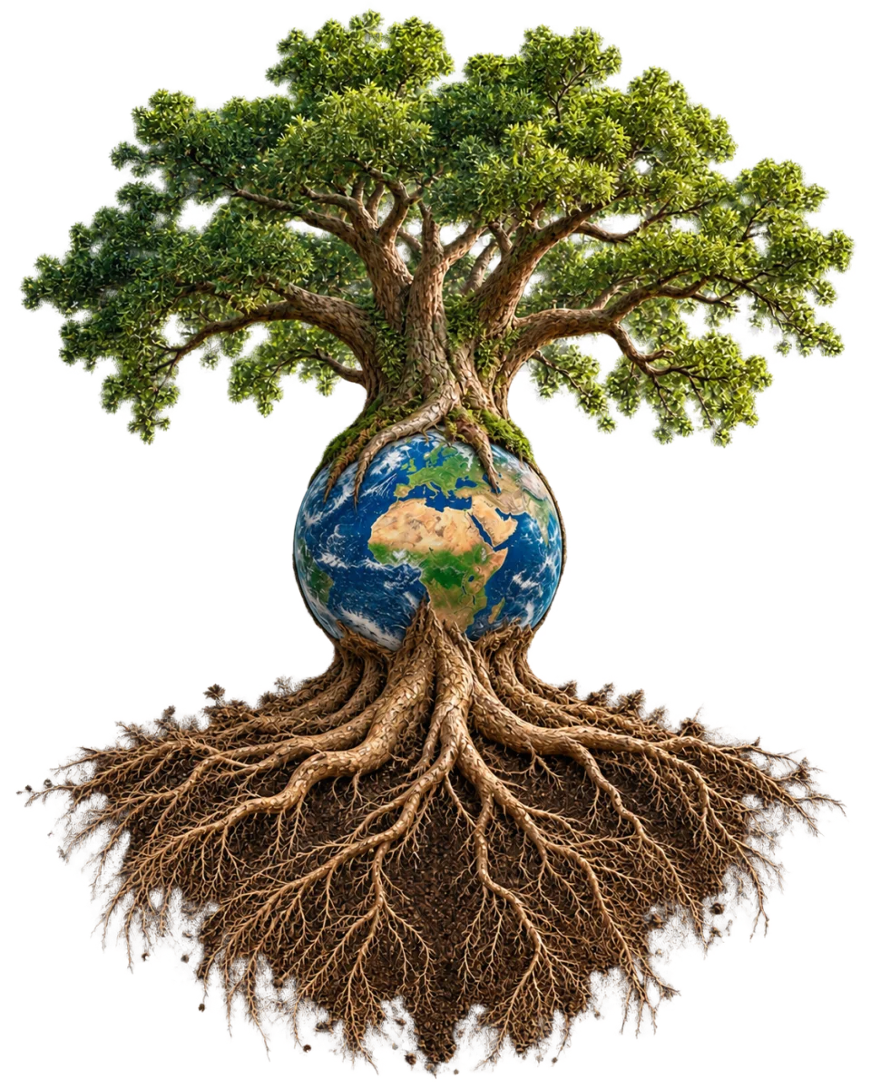Tree of Life growing through Earth into a deep root system.